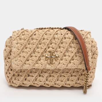 Pre Owned Tory Burch Beige Crochet Straw Small Kira Shoulder Bag