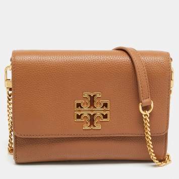 Pre Owned Tory Burch Britten Brown Leather Wallet On Chain