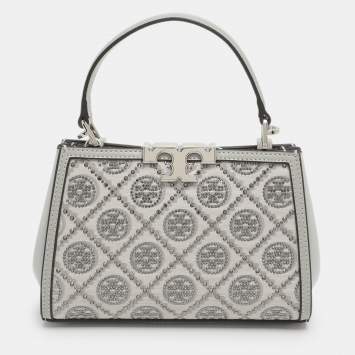 Pre Owned Tory Burch Eleanor Mini Grey Fabric and Leather Top Handle Bag