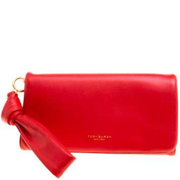 Pre Owned Tory Burch Coral Red Leather Beau Wristlet