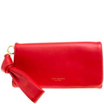 Pre Owned Tory Burch Coral Red Leather Beau Wristlet