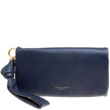 Pre Owned Tory Burch Navy Blue Leather Beau Wristlet