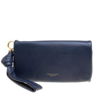 Pre Owned Tory Burch Navy Blue Leather Beau Wristlet