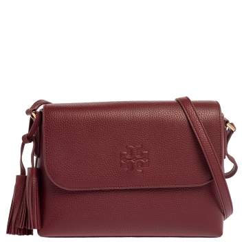 Pre Owned Tory Burch Garnet Red Leather Thea Messenger Bag