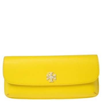 Pre Owned Tory Burch Yellow Leather Slim Diana Flap Clutch
