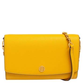 Pre Owned Tory Burch Mustard Saffiano Leather Robinson Wallet on Chain