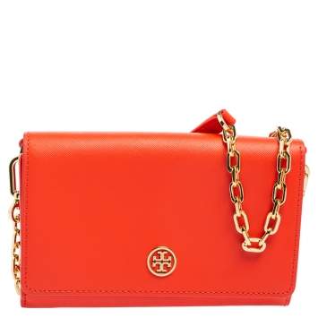 Pre Owned Tory Burch Red Leather Robinson Wallet On Chain