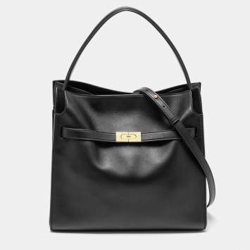 Pre Owned Tory Burch Black Leather Lee Radziwill Top Handle Bag