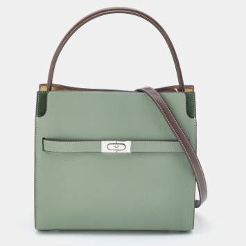 Pre Owned Tory Burch Green/Brown Leather and Suede Small Lee Radziwill Double Bag