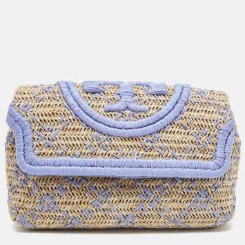 Pre Owned Tory Burch Light Blue/Natural Woven Raffia Fleming Clutch