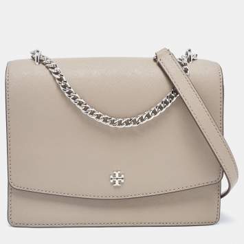 Pre Owned Tory Burch Taupe Leather Robinson Flap Shoulder Bag 