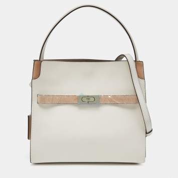 Pre Owned Tory Burch White/Beige Leather and Suede Small Lee Radziwill Double Bag