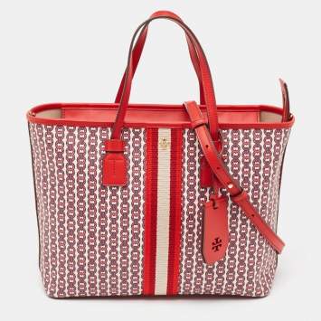 Pre Owned Tory Burch Red Coated Canvas and Leather Gemini Link Top Zip Tote