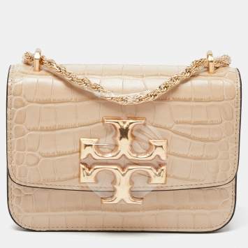 Pre Owned Tory Burch Beige Embossed Leather Small Eleanor Crossbody Bag