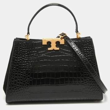 Pre Owned Tory Burch Black Croc Embossed Leather Eleanor Satchel