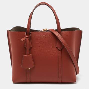 Pre Owned Tory Burch Brown Leather Small Perry Triple-Compartment Tote 