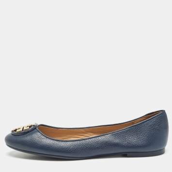 Pre Owned Tory Burch Navy Blue Leather Claire Ballet Flats Size 38.5