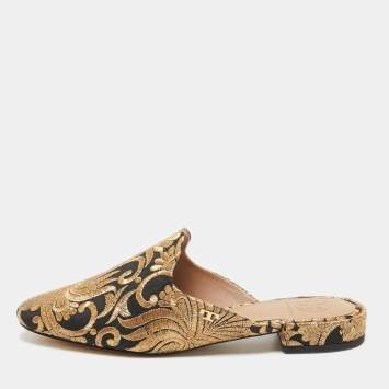 Pre Owned Tory Burch Black/Gold Brocade Fabric Flat Mules Size 35