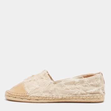 Pre Owned Tory Burch Two Tone Fabric and Leather Espadrille Flats Size 39.5