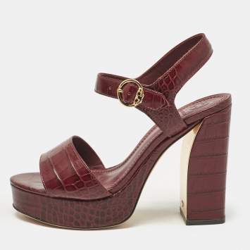 Pre Owned Tory Burch Burgundy Embossed Crocodile Maritine Sandals Size 38