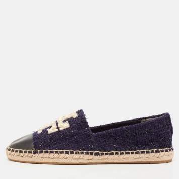 Pre Owned Tory Burch Navy Blue Tweed And Leather Espadrilles Flats Size 38