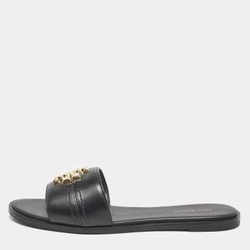 Tory Burch Black Leather Everly Flat Slides Size 38