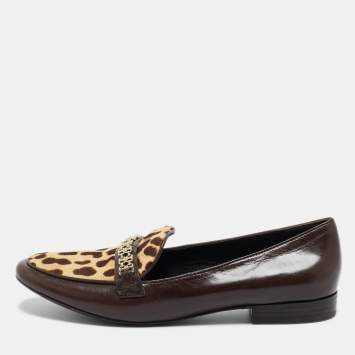 Pre Owned Tory Burch Brown Calf Hair and Leather Gemini Link Loafers Size 41