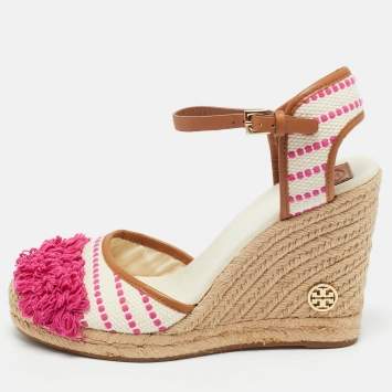 Pre Owned Tory Burch Cream/Pink Canvas and Leather Espadrille Wedge Sandals Size 41