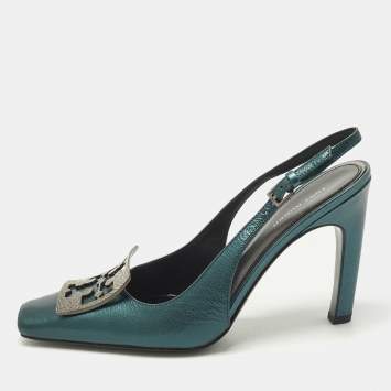 Pre Owned Tory Burch Pave Logo Size 37.5 Teal Green Leather Pumps