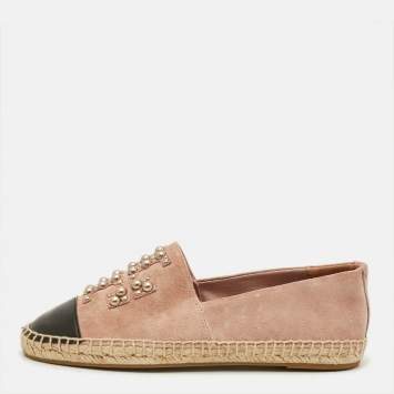 Pre Owned Tory Burch Size 35 Pink/Black Leather and Suede Pearl Logo Slip On Espadrille Flats