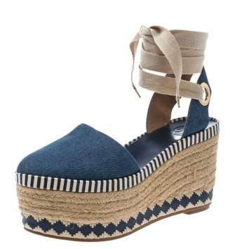 Pre Owned Tory Burch Blue Denim Dandy Ankle Wrap Espadrille Wedge Sandals Size 40