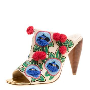 Pre Owned Tory Burch Multicolor Embroidered Leather Ellis Peep Toe Mules Size 41