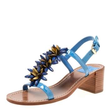 Pre Owned Tory Burch Blue Patent Leather Emilynn Beaded T-Strap Sandals Size 35