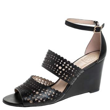 Pre Owned Tory Burch Black Cutout Leather Perf Gladiator Wedge Ankle Strap Sandals Size 39