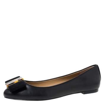 Pre Owned Tory Burch Black Leather Tortoise Bow Chase Ballet Flats Size 36