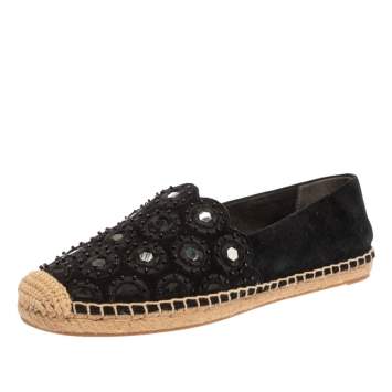 Pre Owned Tory Burch Black Suede Leather Yasmin Embellished Slip On Espadrille Flats Size 38.5