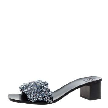Pre Owned Tory Burch Navy Blue Satin Logan Embellsihed Slide Sandals Size 39