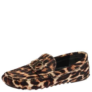 Pre Owned Tory Burch Brown/Black Leopard Print Pony Hair Loafers Size 36