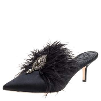 Pre Owned Tory Burch Black Satin Elodie Crystal Embellished Feather Fur Pointed Toe Mule Sandals Size 39.5