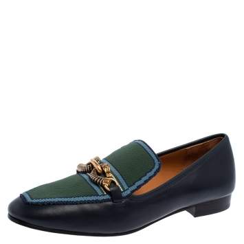 Pre Owned Tory Burch Navy Blue/Green Leather And Knit Jessa Loafers Size 39.5