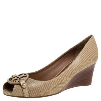 Pre Owned Tory Burch Beige Embossed Lizard Leather Julianne Peep Toe Wedge Pumps Size 39