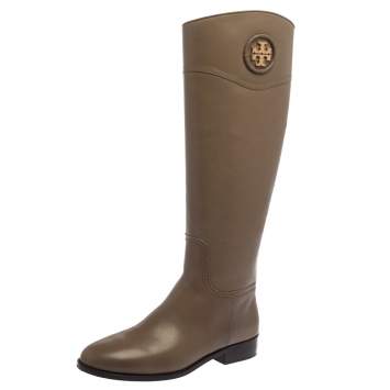Pre Owned Tory Burch Grey Leather Ashlynn Knee Length Riding Boots Size 39.5 