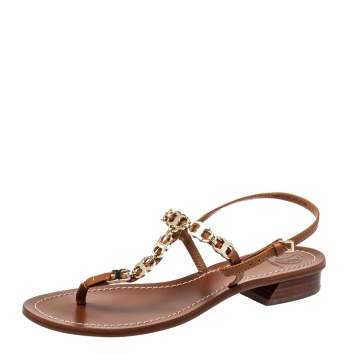 Pre Owned Tory Burch Brown Leather Gemini Link Detail Flat Sandals Size 37.5