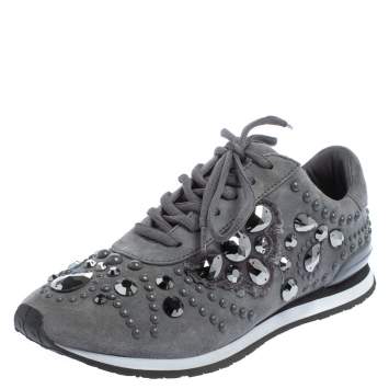 Pre Owned Tory Burch Grey Suede Scarlett Crystal Embellished Sneakers Size 37.5