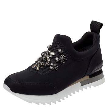Pre Owned Tory Burch Black Fabric Storm Cloud Crystal Embellished Slip On Sneakers Size 38