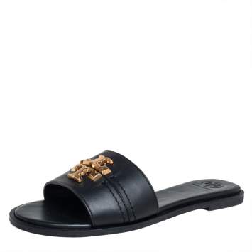 Pre Owned Tory Burch Black Leather Slide Everly Sandals Size 38.5