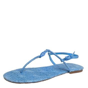 Pre Owned Toy Burch Blue Leather Emmy Thong Sandals Size 39