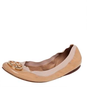 Pre Owned Tory Burch Beige Patent Leather And Fabric Caroline Ballet Flats Size 41