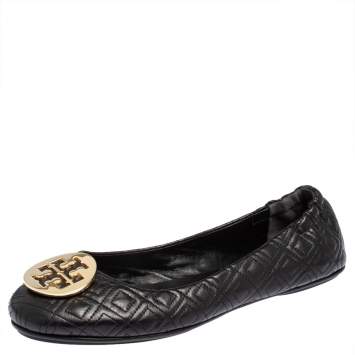 Pre Owned Tory Burch Black Leather Reva Ballet Flats Size 41