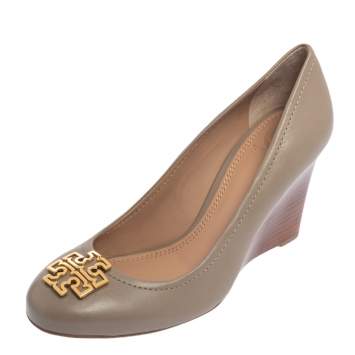 Pre Owned Tory Burch Grey Leather Melinda Wedge Pumps Size 37.5